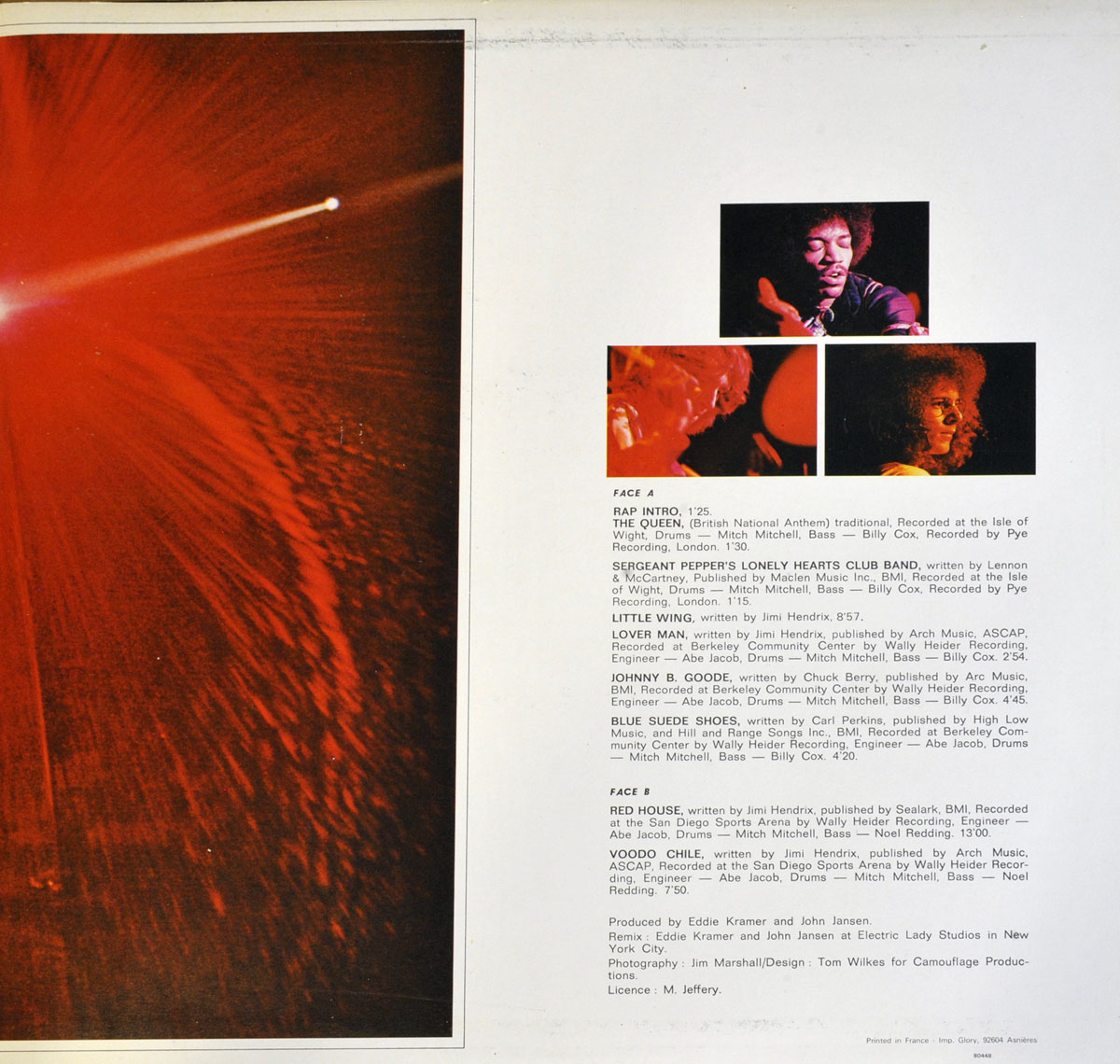 A page from the 'Hendrix in the West' album featuring a dramatic red-hued stage lighting effect on the left, resembling a cosmic explosion with a bright white spotlight piercing through. On the right side, there are three smaller images of Jimi Hendrix and his band captured in warm red tones, along with the album’s tracklist and liner notes. The text details recording locations, credits, and songwriters, giving insight into the live performances that make up the album.